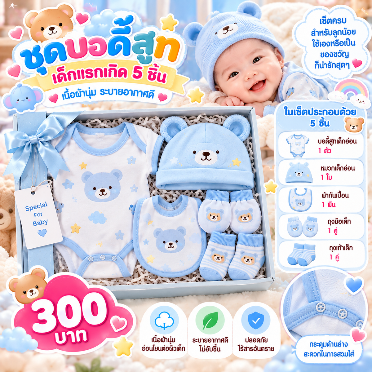 ชุดบอดี้สูทเด็กแรกเกิด 5 ชิ้น เนื้อผ้านุ่ม ระบายอากาศดี สีฟ้า