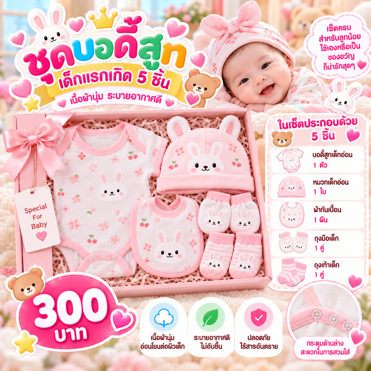 ชุดบอดี้สูทเด็กแรกเกิด 5 ชิ้น เนื้อผ้านุ่ม ระบายอากาศดี สีชมพู