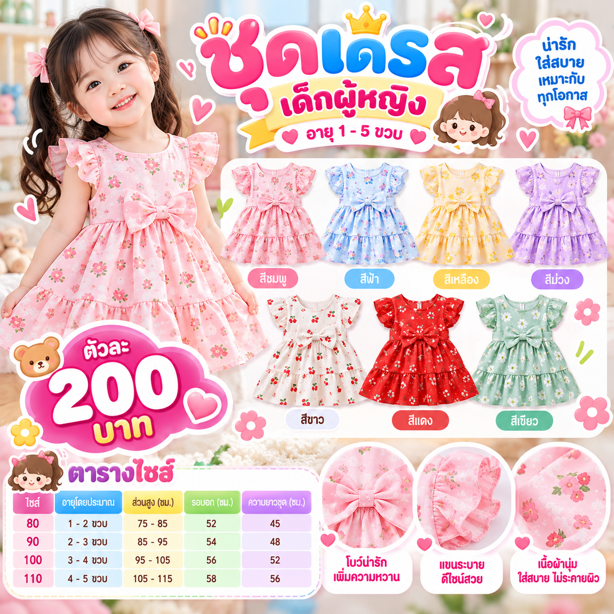 ชุดเดรสเด็กผู้หญิง อายุ 1-5 ขวบ