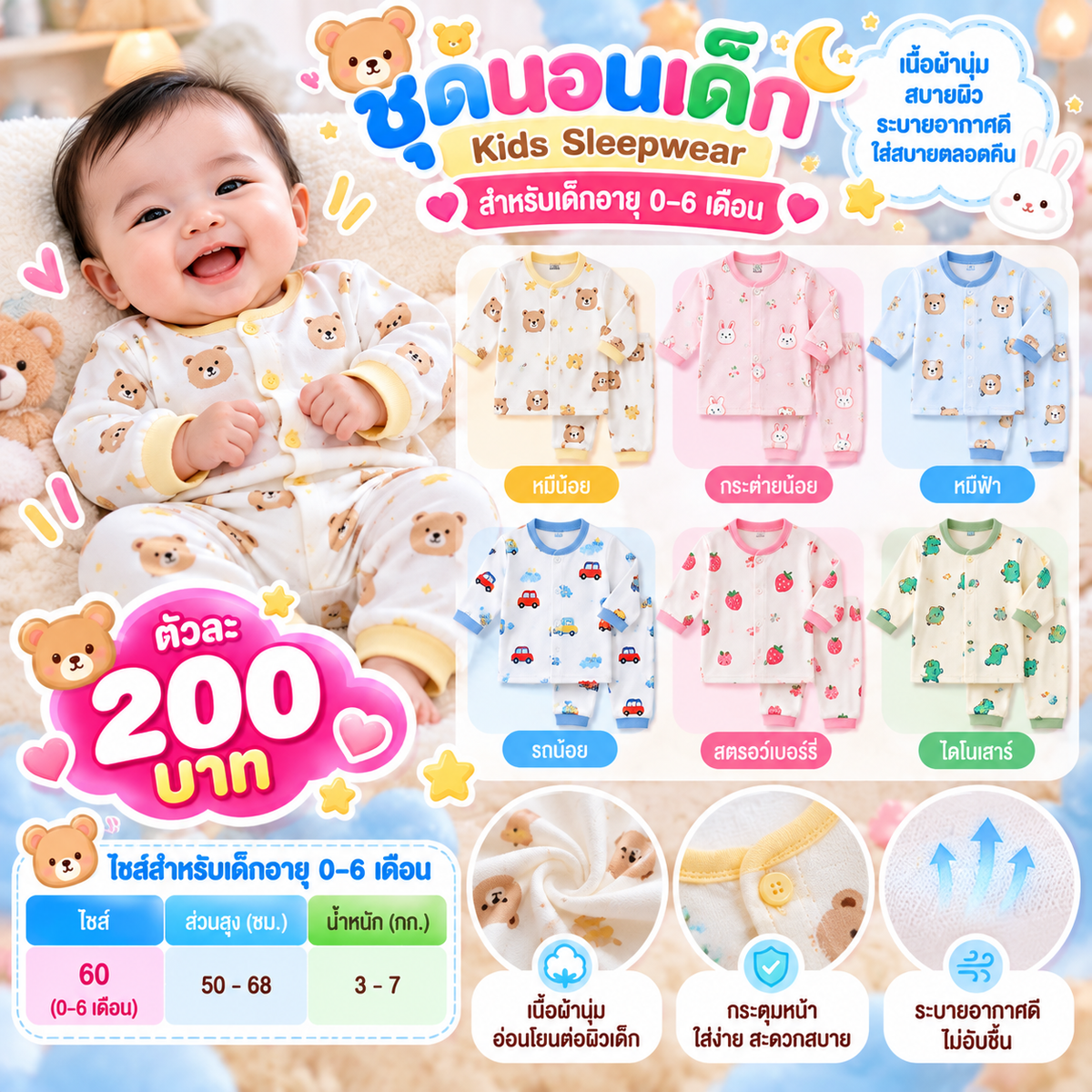 ชุดนอนเด็ก (Kids Sleepwear) แนะนำสำหรับเด็กอายุ 0-6 เดือน